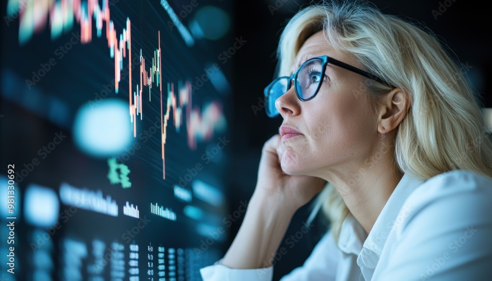 A thoughtful woman analyzes stock market data on a digital screen, showcasing finance and technology in a vibrant environment. A thoughtful woman analyzes stock market data on a digital screen, showcasing finance and technology in a vibrant environment.