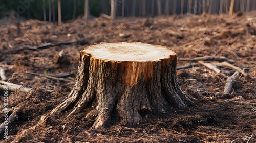 Tree stump in the middle of a deforested area, symbolizing the loss of nature and the impact of human activity