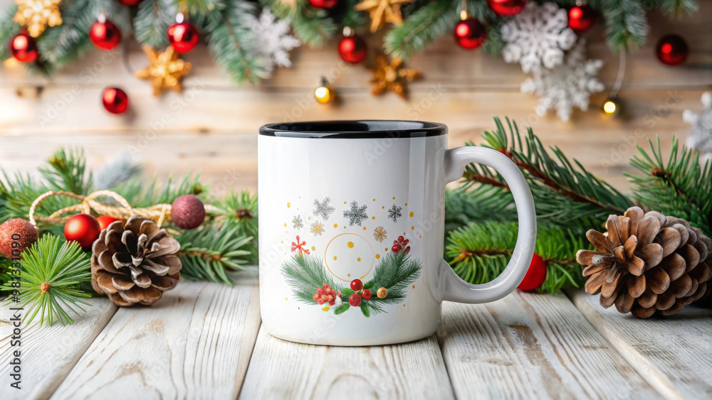 A festive white ceramic coffee cup with black handle sits among holiday decorations, including pine branches, pine cones, and ornaments, creating warm, cheerful atmosphere A festive white ceramic coffee cup with black handle sits among holiday decorations, including pine branches, pine cones, and ornaments, creating warm, cheerful atmosphere