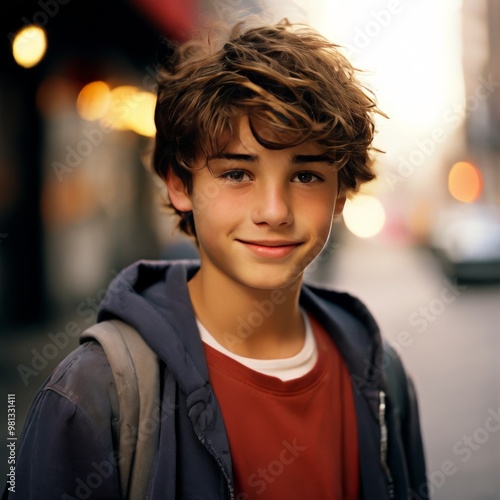 A happy teenage boy smiles at the camera as he stands on a city street during golden hour. His backpack and casual hoodie add to the relaxed vibe of a bright evening.