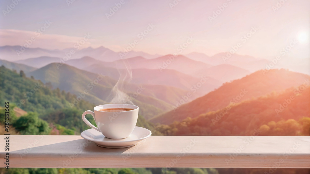 A serene cup of coffee sits on table, overlooking breathtaking mountain landscape at sunrise. steam rises gently, creating peaceful atmosphere for relaxation A serene cup of coffee sits on table, overlooking breathtaking mountain landscape at sunrise. steam rises gently, creating peaceful atmosphere for relaxation