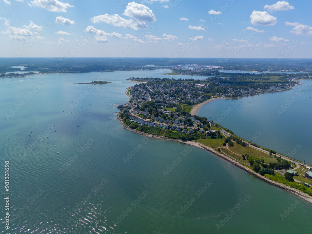 Fototapeta premium Houghs Neck and Nut Island aerial view between Weymouth Fore River and Quincy Bay in city of Quincy, Massachusetts MA, USA. 