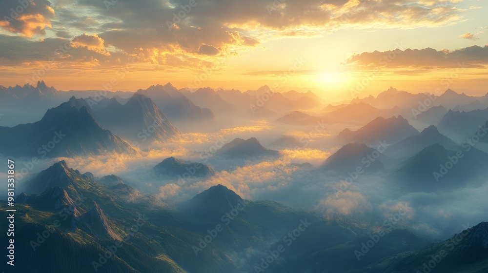 Mountain Range at Sunset with Clouds and a Golden Sky Mountain Range at Sunset with Clouds and a Golden Sky