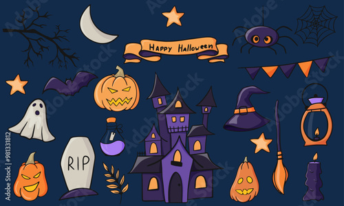 A set of scary items for celebrating Halloween. Vector graphics. photo