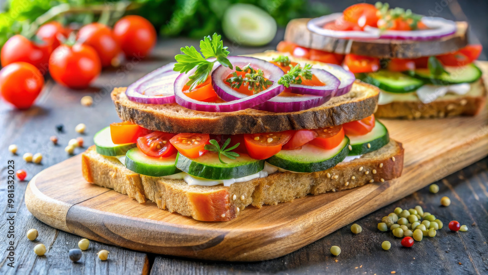 Fresh and vibrant sandwiches with layers of zucchini, caviar, tomatoes, and onions on toasted bread create delightful and healthy meal option Fresh and vibrant sandwiches with layers of zucchini, caviar, tomatoes, and onions on toasted bread create delightful and healthy meal option