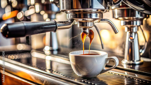 A sleek espresso machine is brewing rich coffee shot, with warm steam rising as dark liquid flows into white cup, creating cozy and inviting atmosphere