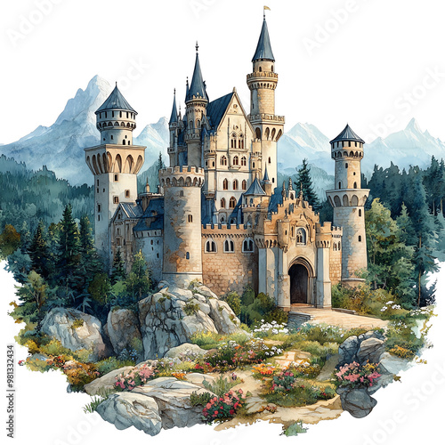 Wallpaper Mural A majestic fantasy castle surrounded by mountains and lush greenery, perfect for storytelling and artistic projects. Torontodigital.ca