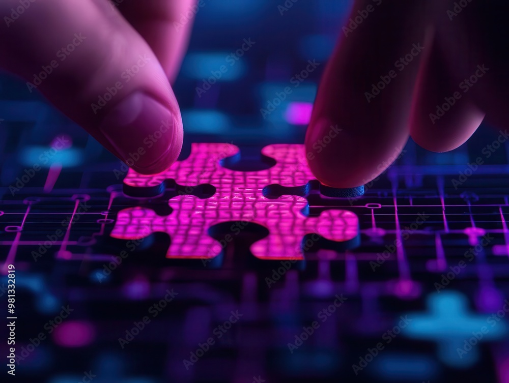 Hands placing the final piece of a glowing puzzle into a business graph, representing the completion of integrated growth Hands placing the final piece of a glowing puzzle into a business graph, representing the completion of integrated growth