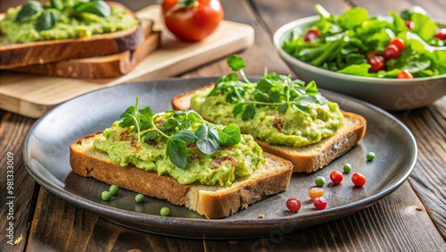 Delicious avocado toast topped with fresh greens, served with side of vibrant salad and cherry tomatoes, perfect for healthy breakfast