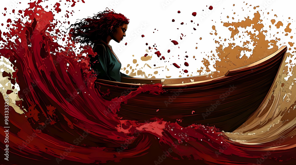 Woman in a Boat Surrounded by Red Waves, Abstract Art Illustration Woman in a Boat Surrounded by Red Waves, Abstract Art Illustration
