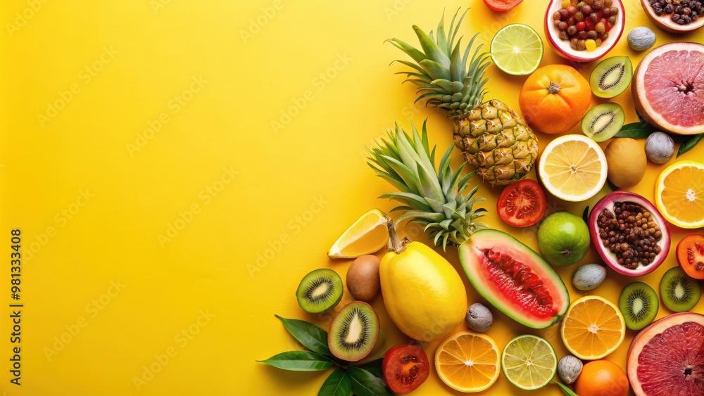 Assortment of vibrant tropical fruits on a bright yellow background, tropical, fruit, colorful, variety, exotic, healthy, fresh Assortment of vibrant tropical fruits on a bright yellow background, tropical, fruit, colorful, variety, exotic, healthy, fresh