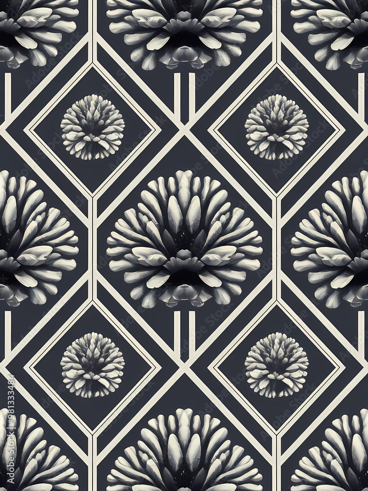 Fototapeta premium pattern with flowers and geometric pattern, black and white bold pattern 