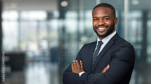 Smiling businessman with arms crossed in a contemporary office setting