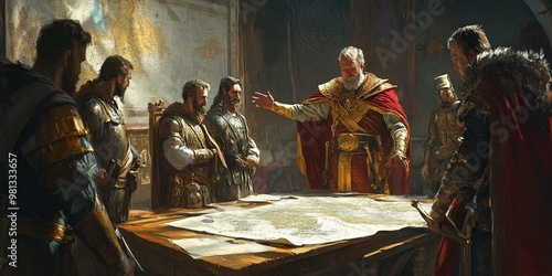 King and soldiers examine a map.