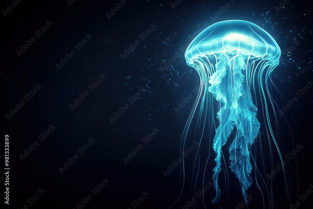 jellyfish glowing brightly in the darkness of the ocean, its translucent body illuminated by its own light. jellyfish glowing brightly in the darkness of the ocean, its translucent body illuminated by its own light.