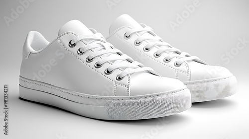 A pair of white leather sneakers with white laces on a white background.