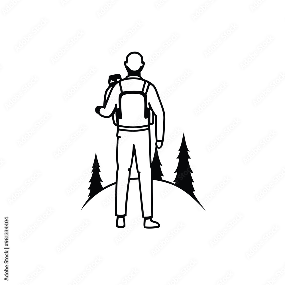 Fototapeta premium man holding camera standing on cliff of mountain in forest landscape, vector black color silhouette, 