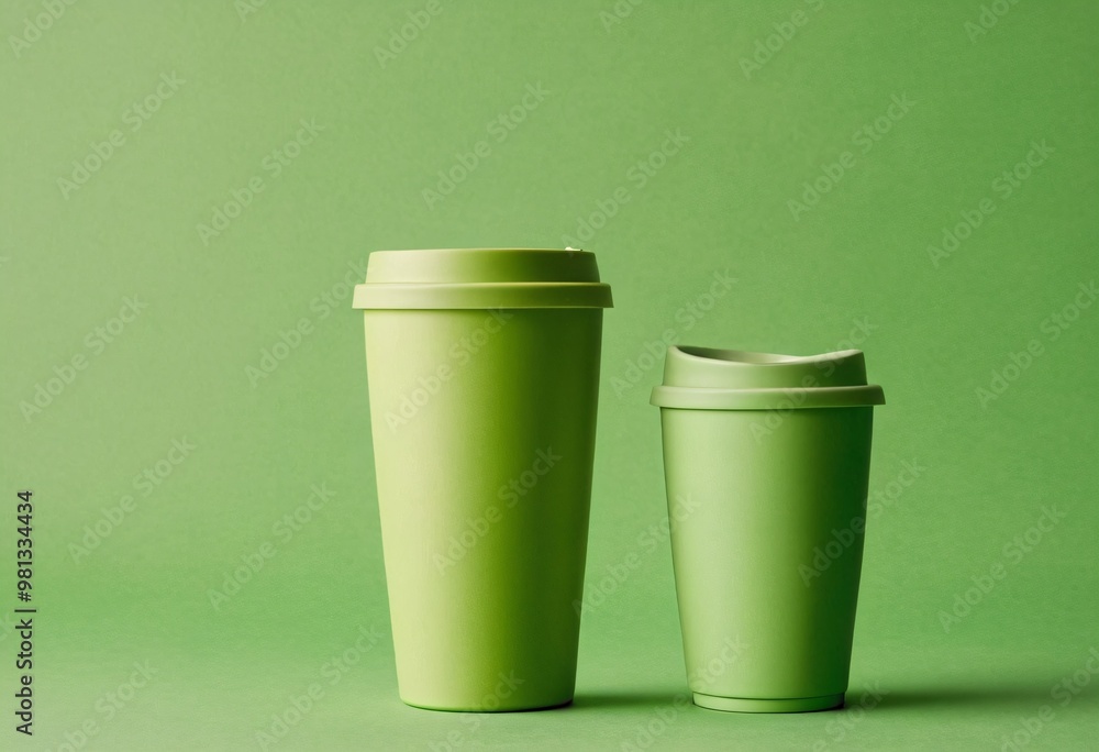 Reusable Coffee Cup To Go. Mug and tumbler thermos flask of light green color on light green background. Mock up. Ai generated image. Reusable Coffee Cup To Go. Mug and tumbler thermos flask of light green color on light green background. Mock up. Ai generated image.