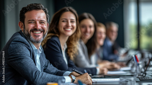 Happy business people sitting in a row at a conference table during a meeting, smiling in the office