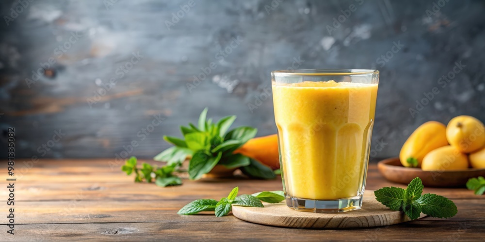 Glass of fresh yellow smoothie , healthy, drink, beverage, refreshing, fruit, vitamin C, blended, tropical, organic, nutritious Glass of fresh yellow smoothie , healthy, drink, beverage, refreshing, fruit, vitamin C, blended, tropical, organic, nutritious