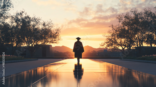 Capture a rear view of a graduate in a cap and gown, walking proudly across a university campus Utilize digital photorealistic techniques to make the scene look vibrant and dynamic