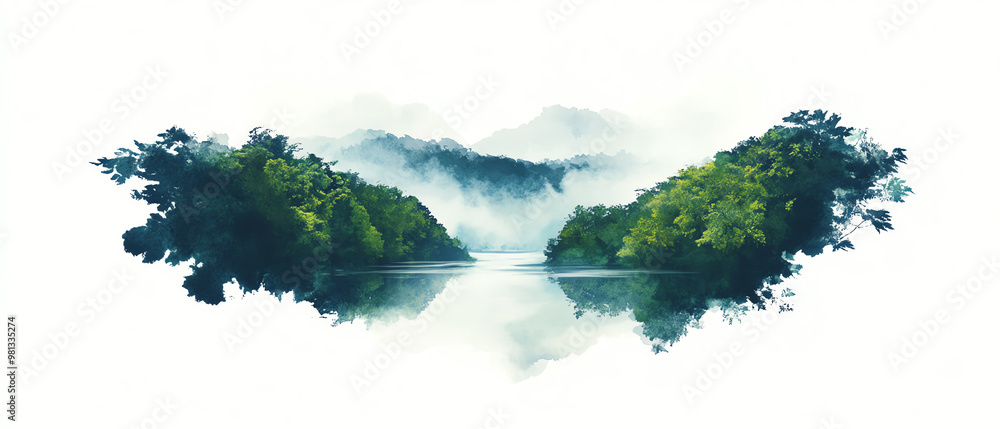 Paint a serene landscape of a flowing river winding through lush green ...
