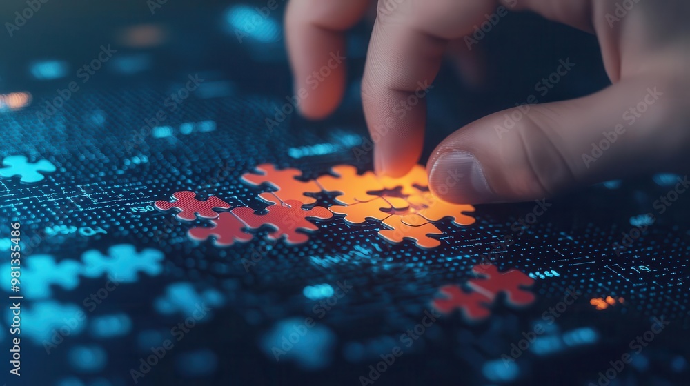 Hands placing glowing puzzle pieces into a financial graph, symbolizing the integration of solutions for business expansion Hands placing glowing puzzle pieces into a financial graph, symbolizing the integration of solutions for business expansion