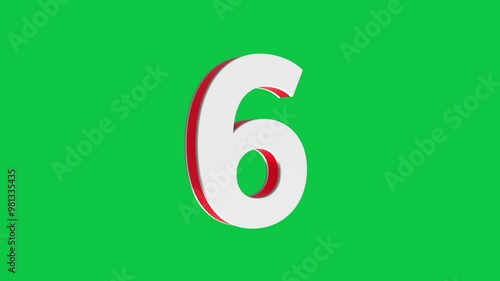 3D Number 6 logo rotating on green screen chroma key background, 4K English alphabet animation video clip