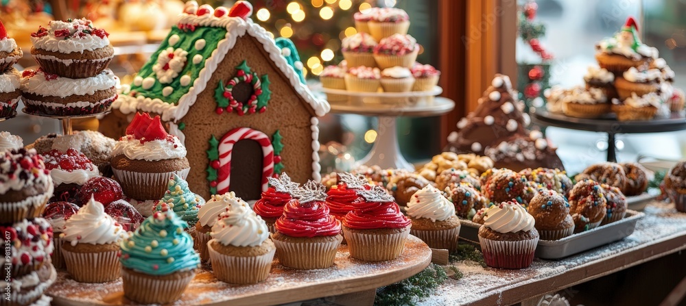 Christmas Bakery Display with Decorated Gingerbread Houses, Cupcakes, and Cookies for Holiday Celebrations Christmas Bakery Display with Decorated Gingerbread Houses, Cupcakes, and Cookies for Holiday Celebrations