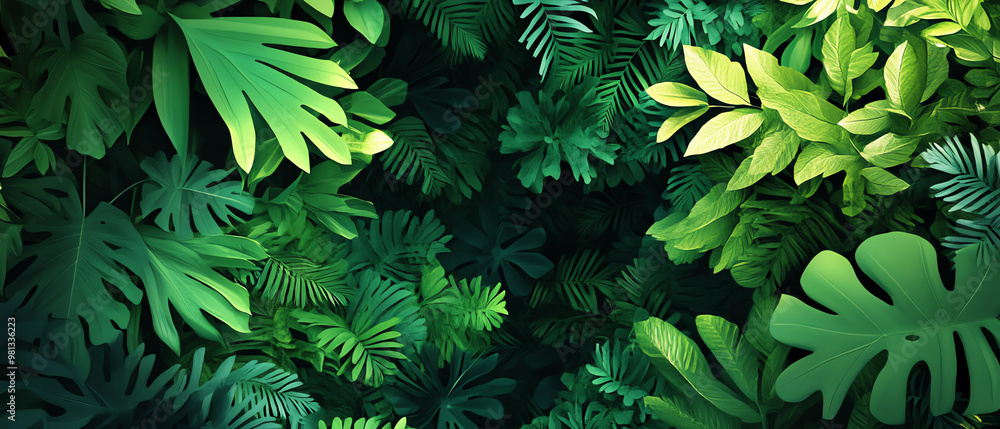 Capture a lush, towering jungle canopy from a worms-eye view in vivid, varying shades of green, emphasizing depth and texture in a digital illustration Capture a lush, towering jungle canopy from a worms-eye view in vivid, varying shades of green, emphasizing depth and texture in a digital illustration