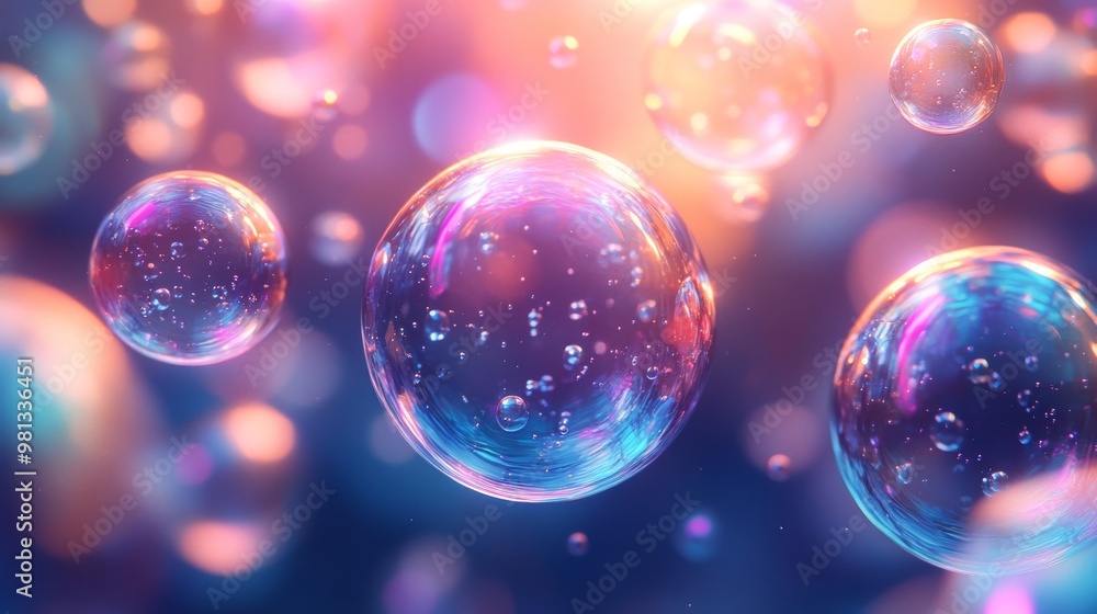 Shimmering, iridescent soap bubbles suspended in a vibrant, colorful background Shimmering, iridescent soap bubbles suspended in a vibrant, colorful background