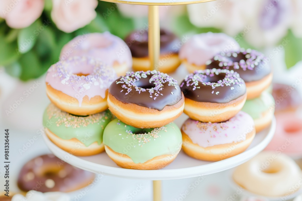 petite donuts served on a chic dessert stand, each glazed with unique flavors like matcha, lavender, and chili chocolate, with a backdrop of elegant table settings for a high tea experience petite donuts served on a chic dessert stand, each glazed with unique flavors like matcha, lavender, and chili chocolate, with a backdrop of elegant table settings for a high tea experience