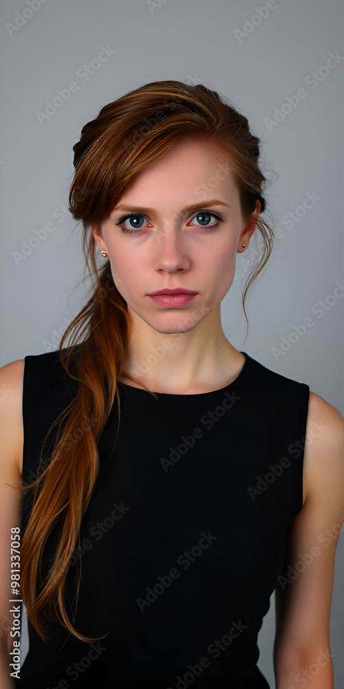 Red hair model with freckles looking at camera studio background wearing beautiful black dress Red hair model with freckles looking at camera studio background wearing beautiful black dress