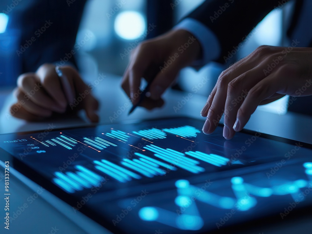 Business professionals merging digital charts on a glowing screen, symbolizing strategic integration for success Business professionals merging digital charts on a glowing screen, symbolizing strategic integration for success
