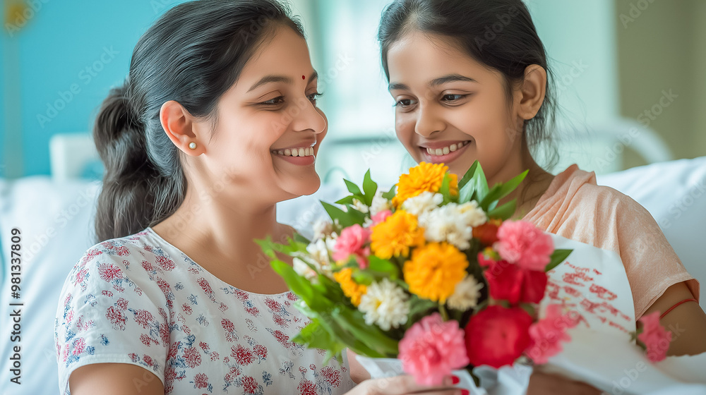 Indian Daughter Giving Flowers to Recovered Mother in Hospital Indian Daughter Giving Flowers to Recovered Mother in Hospital