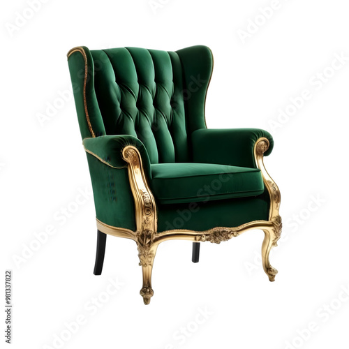 Isolated Emerald green and gold wingback chair on a transparent background PNG, 3D chair PNG, Cut out chair