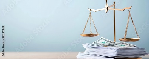 Scales of justice with dollar bills, representing legal fees and financial decisions.