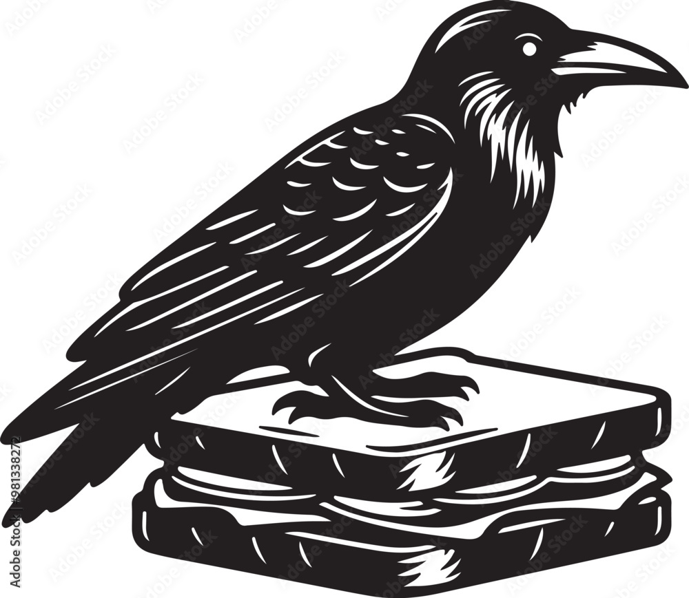 Obraz premium raven bird sitting on a sandwich silhouette vector art illustration.