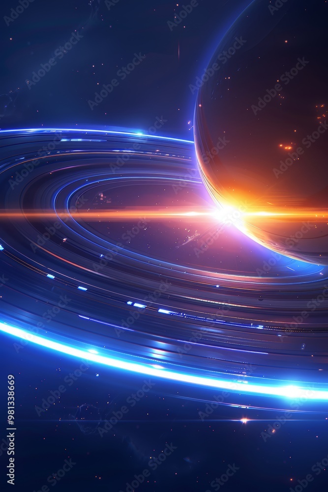 Fototapeta premium Glowing Planet with Rings A Space Scene with Blue. Orange, a Cosmic Background, Stars, and Nebula