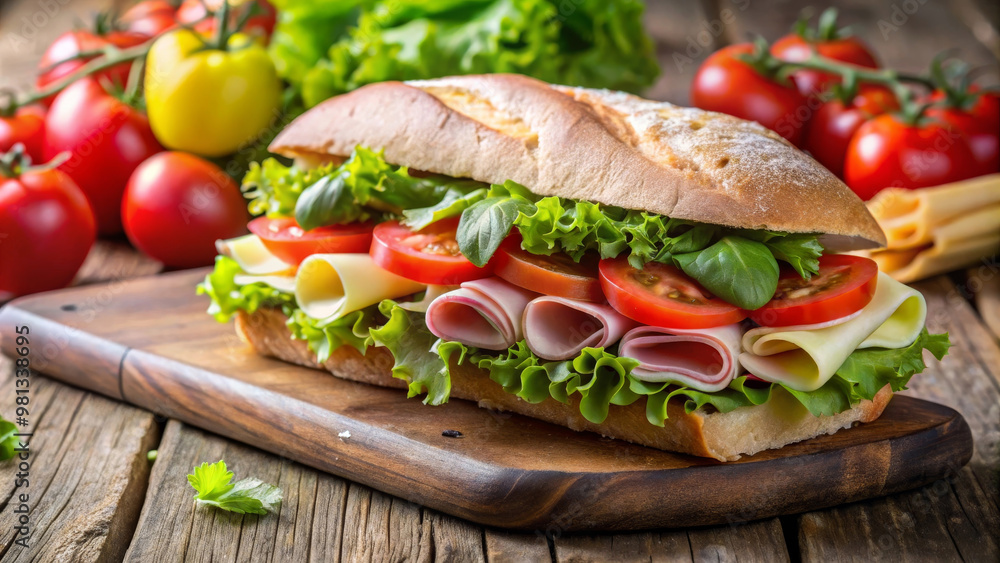Delicious sandwich with fresh salad, ham, cheese, and tomatoes, served on wooden board. vibrant colors and textures create an appetizing presentation Delicious sandwich with fresh salad, ham, cheese, and tomatoes, served on wooden board. vibrant colors and textures create an appetizing presentation