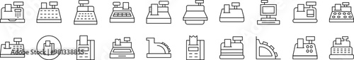 Cash Register Outline Web Line Icons Collection. Editable Stroke. Minimalistic Linear Pictogram for Design of Cards, Apps, Banners, Posts