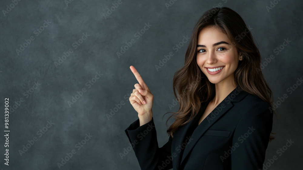 Female entrepreneur is presenting a product with a smile and pointing to the side against a gray backdrop Female entrepreneur is presenting a product with a smile and pointing to the side against a gray backdrop