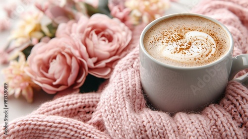   Cuppa cappuccino on pink blanket near pink blooms photo