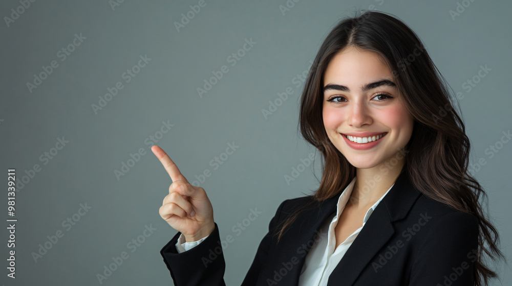 Businesswoman in a sleek black suit smiles and gestures to the side against a grey backdrop Businesswoman in a sleek black suit smiles and gestures to the side against a grey backdrop