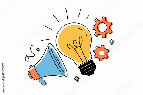 Light bulb, megaphone and gears, concept of idea, creativity and advertisements.