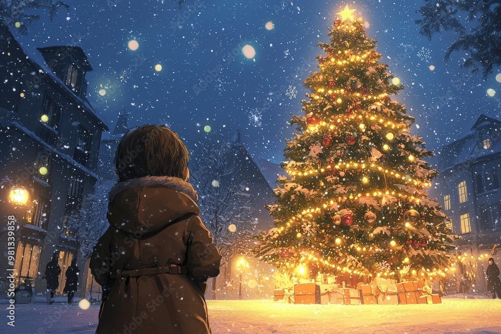 Obraz premium Child Wondering at Christmas Tree Lights in Snowy Winter Town Square - Festive Winter Holiday Scene