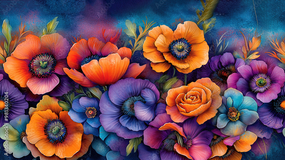 An orange, purple, and red flower painting on a blue background with a blue sky An orange, purple, and red flower painting on a blue background with a blue sky