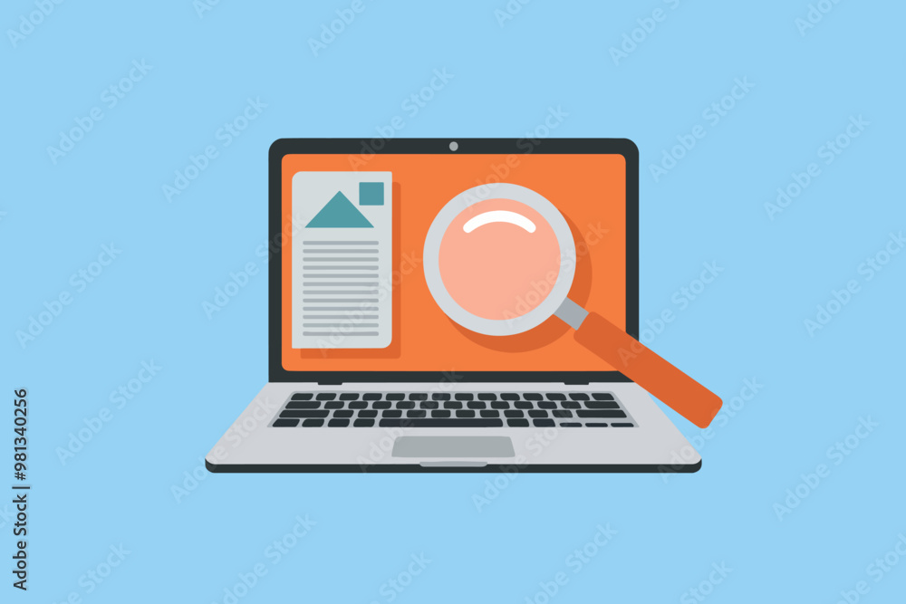 Magnifying glass on laptop screen, analysis and research concept. Magnifying glass on laptop screen, analysis and research concept.