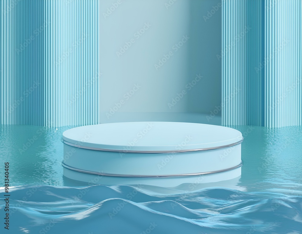 3d render abstract platform podium on water and waving curtains 3d render abstract platform podium on water and waving curtains