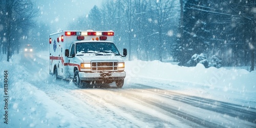 Ambulance driving through snowy road.